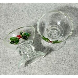 Vintage Avon‎ Christmas 1981 Holly Berry Glass Candle Holder Set of 2 Tealight